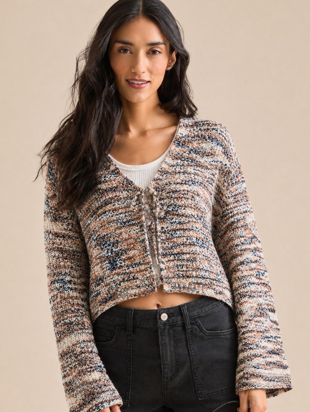 Knitted Tie-Front Cropped Sweater Bell Sleeve Fall Layering Cottage Core Sz XL